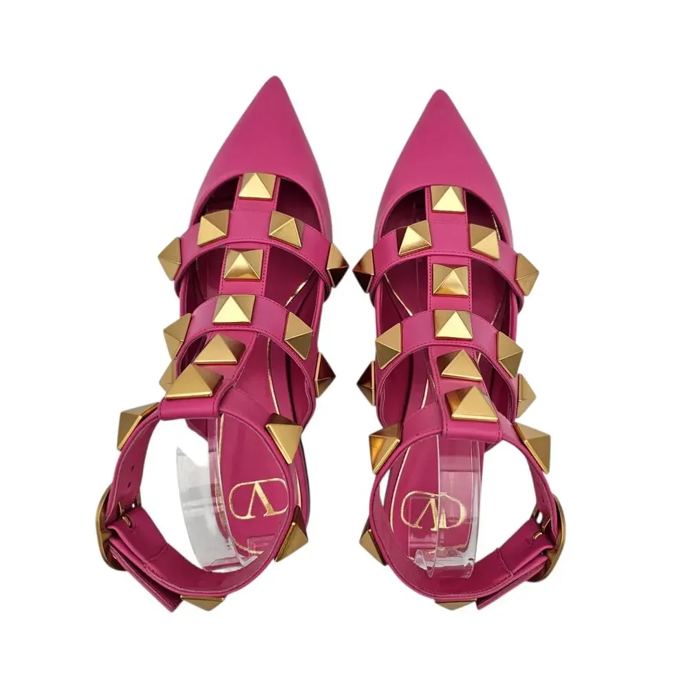 Valentino Garavani Roman Stud Flat Cage Sandal Pink Gold Size 38.5 US 8.5